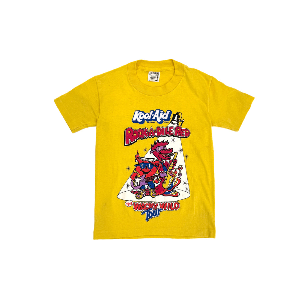 Vintage Kids 90s Kool-Aid Rock-A-Dile Red Wacky Wild Tour T-Shirt USA (size 7/8)