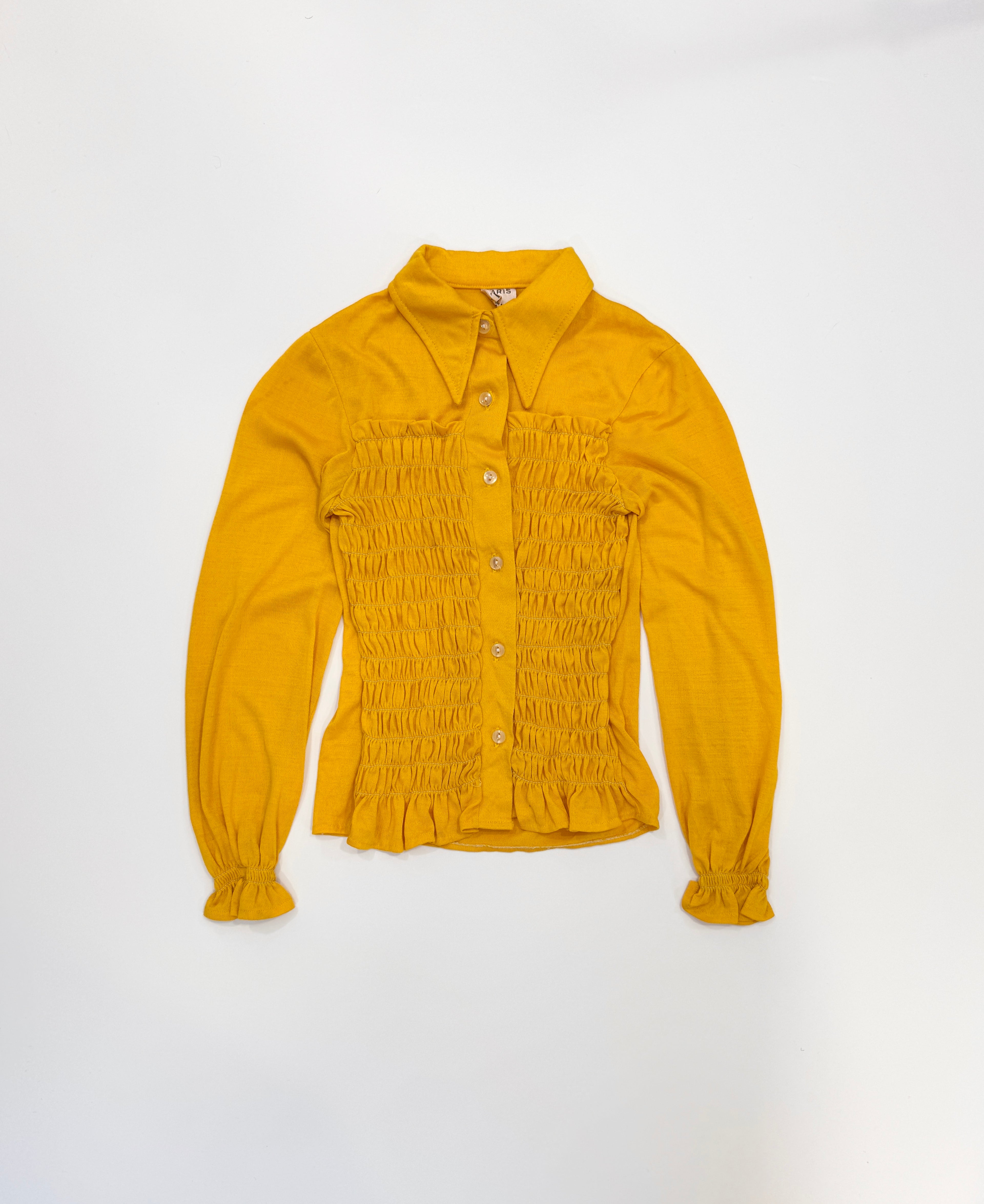 Vintage 70s Pointed Collar Smocked Yellow Shirt (size 6/7)