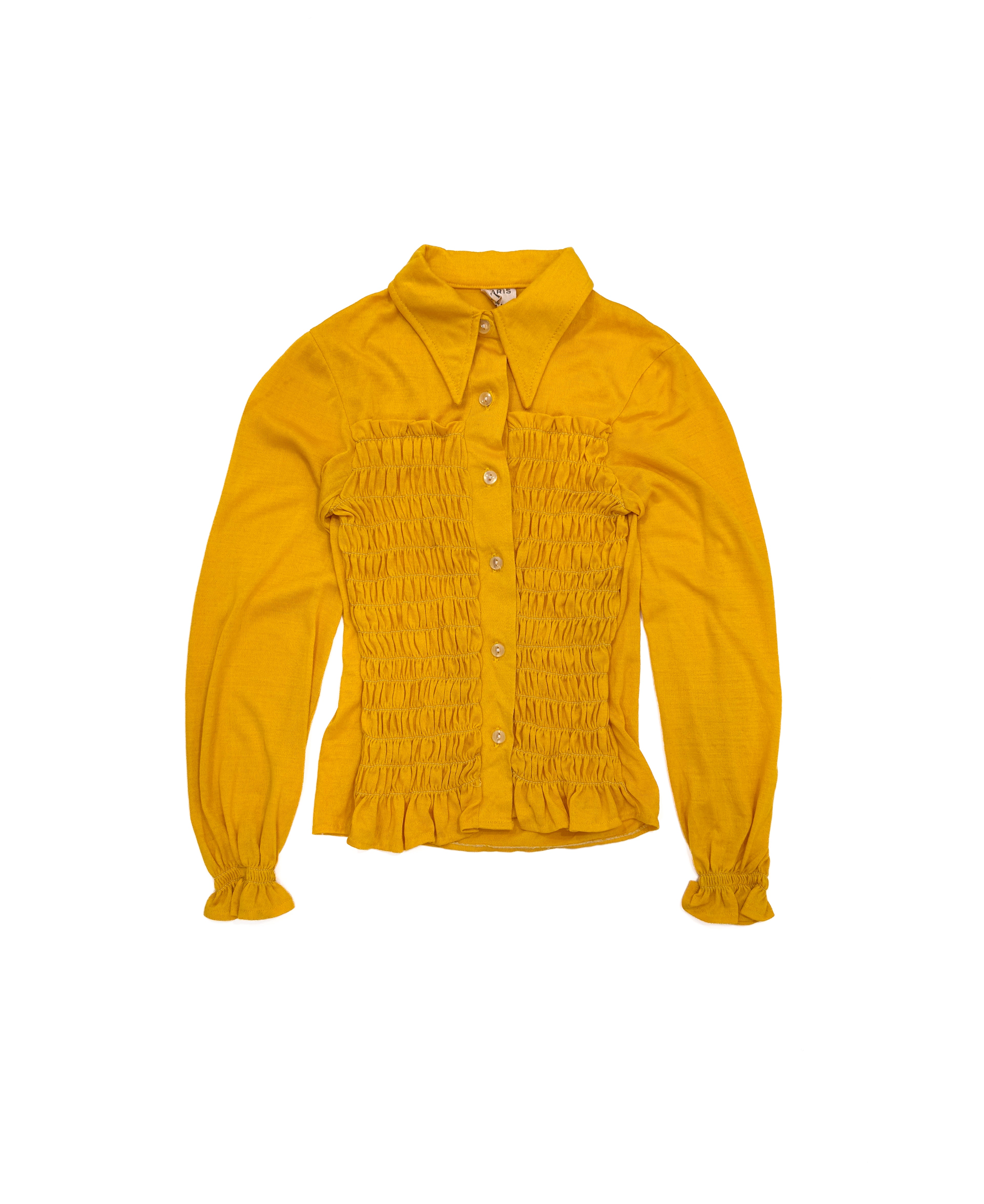 Vintage 70s Pointed Collar Smocked Yellow Shirt (size 6/7)