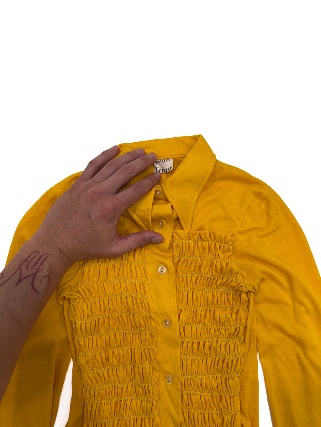 Vintage 70s Pointed Collar Smocked Yellow Shirt (size 6/7)