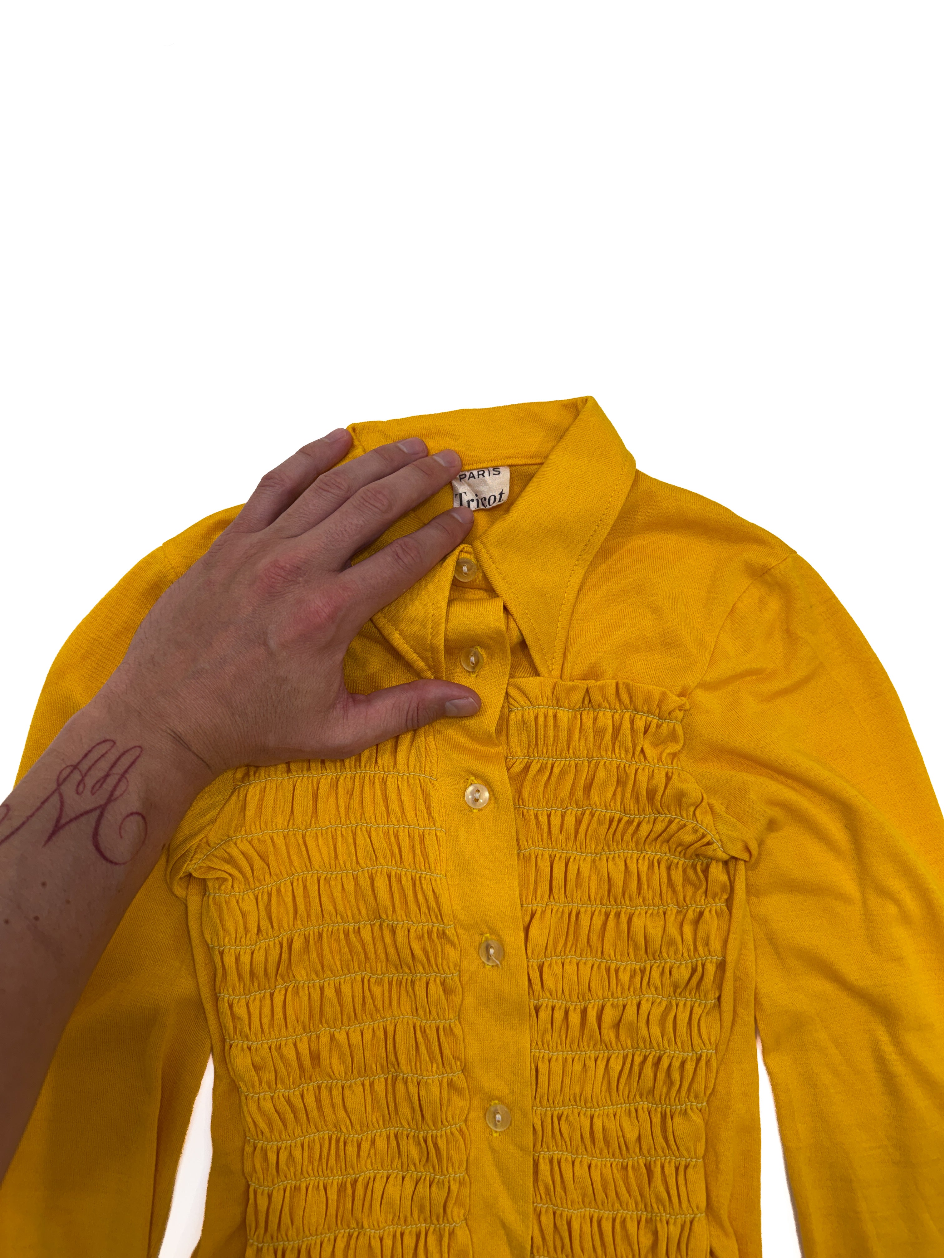 Vintage 70s Pointed Collar Smocked Yellow Shirt (size 6/7)
